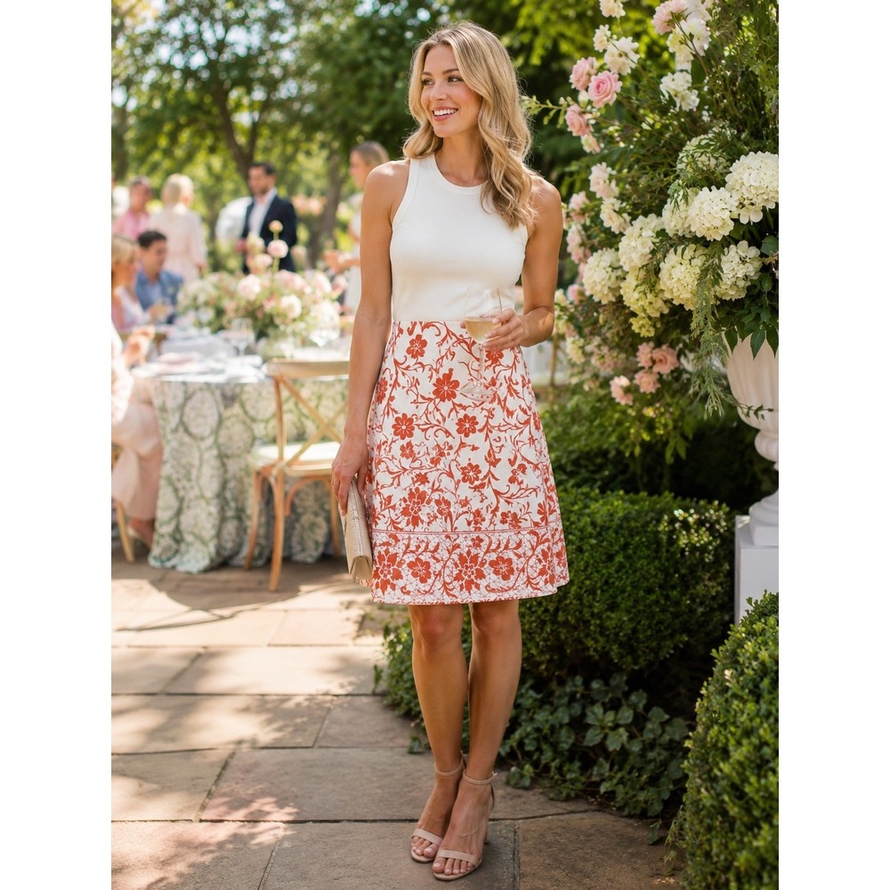 Ann Taylor Factory Orange White Floral Cotton A-Line Skirt Petite 0P